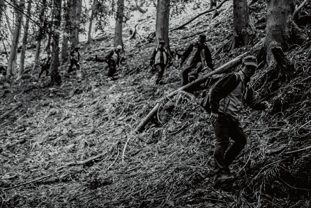 山の斜面を並んで歩く参加者